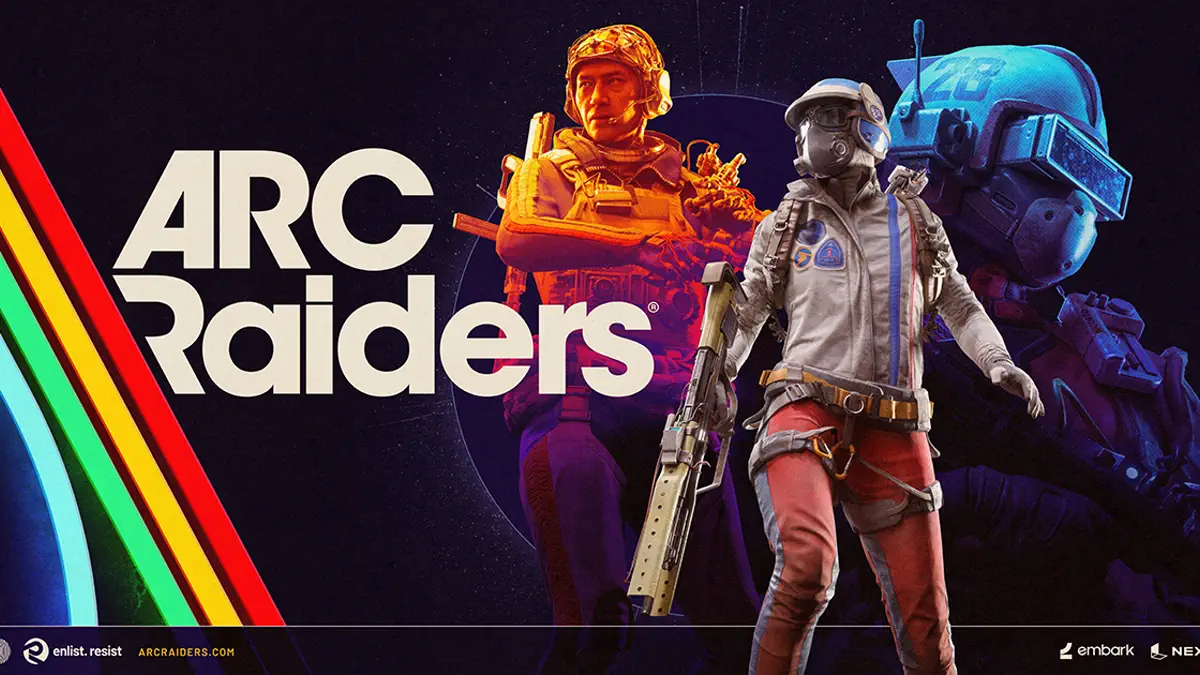 Raider diante de estruturas mecânicas em arte oficial de ARC Raiders