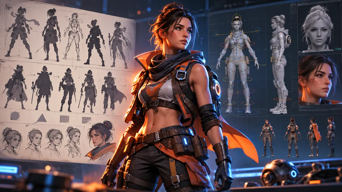 Processo de design de uma personagem de jogo, do esboço ao modelo 3D