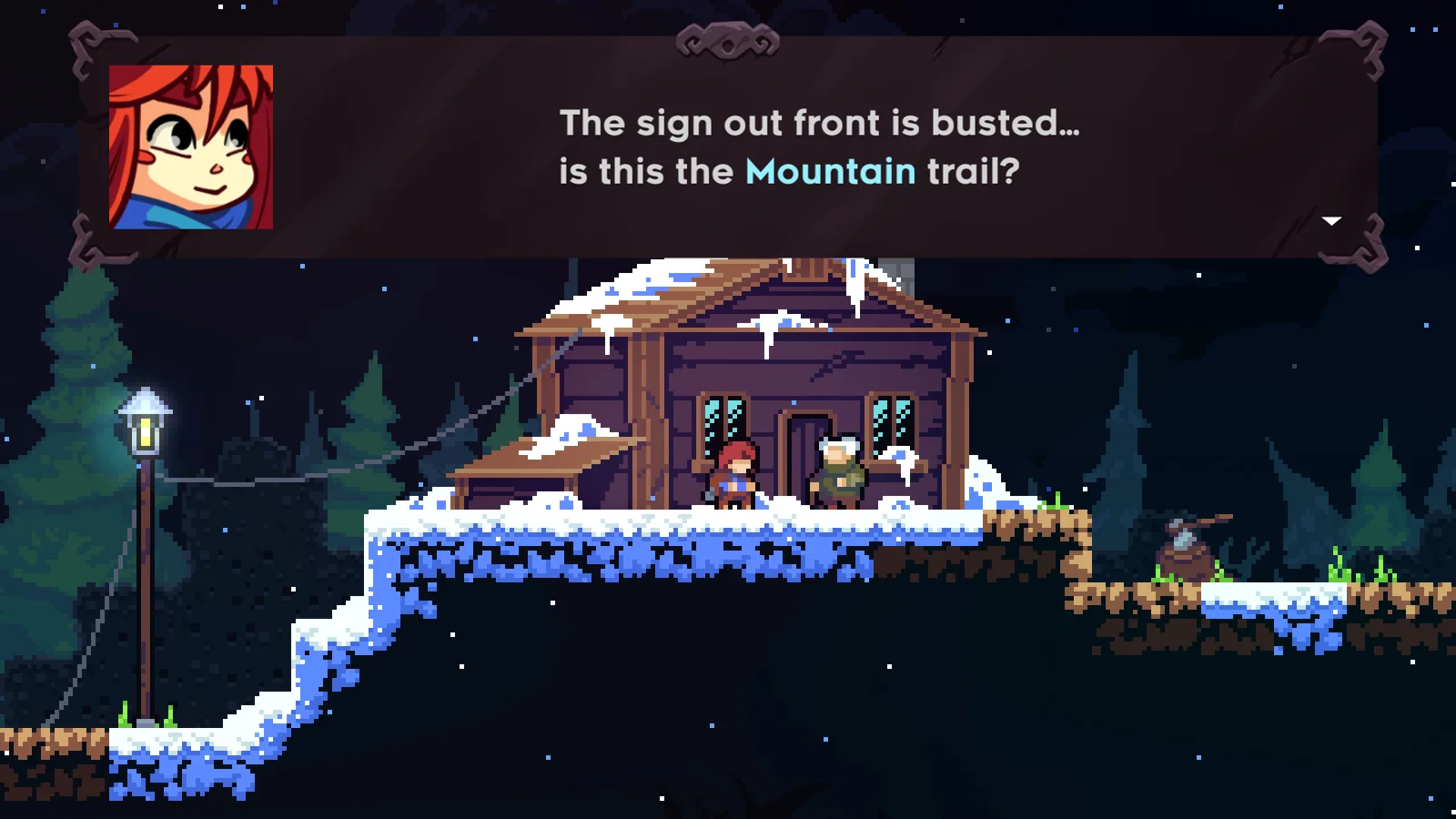 Madeline diante de uma cabana nevada em Celeste