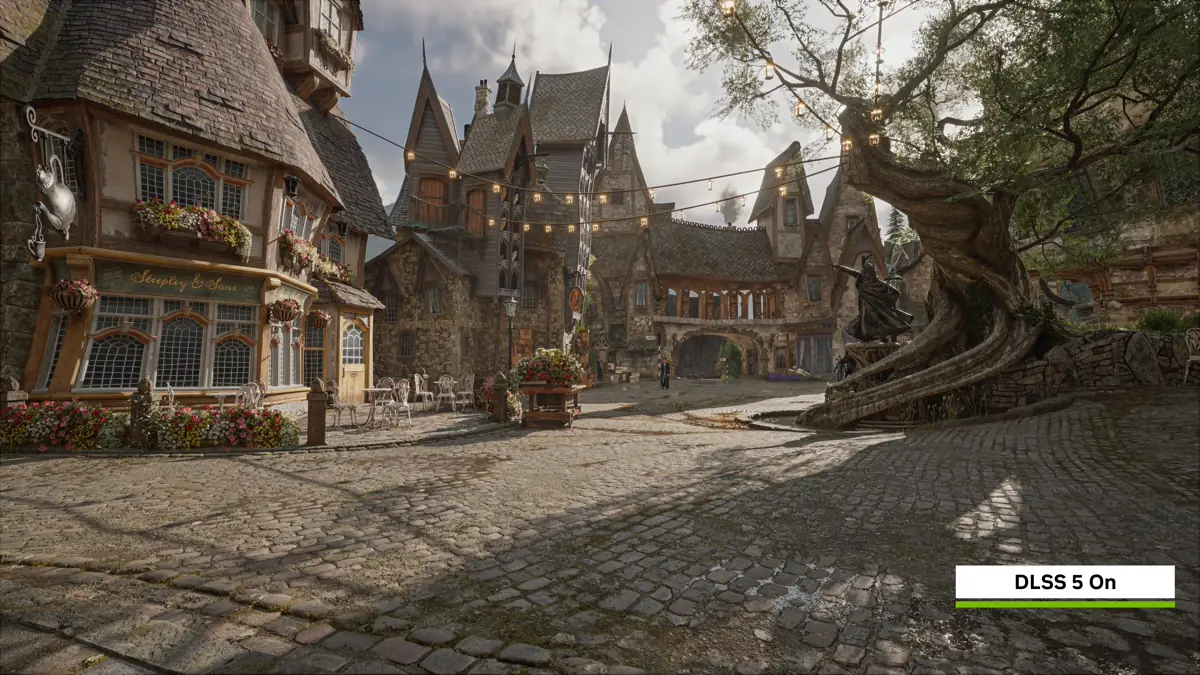 Comparação oficial de Hogwarts Legacy usando renderização neural do NVIDIA DLSS 5.