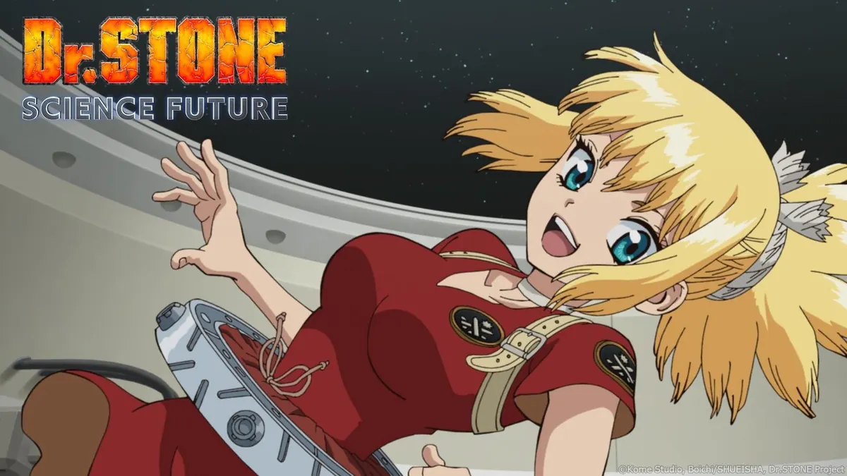 Personagem de Dr. Stone flutuando diante de uma estrutura espacial na arte oficial do anime