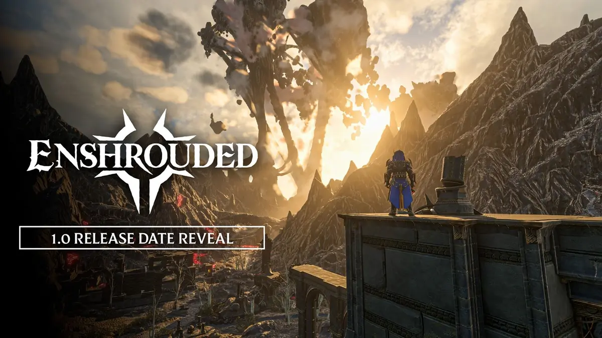 Arte oficial de Enshrouded 1.0 com personagens diante de uma paisagem de fantasia.