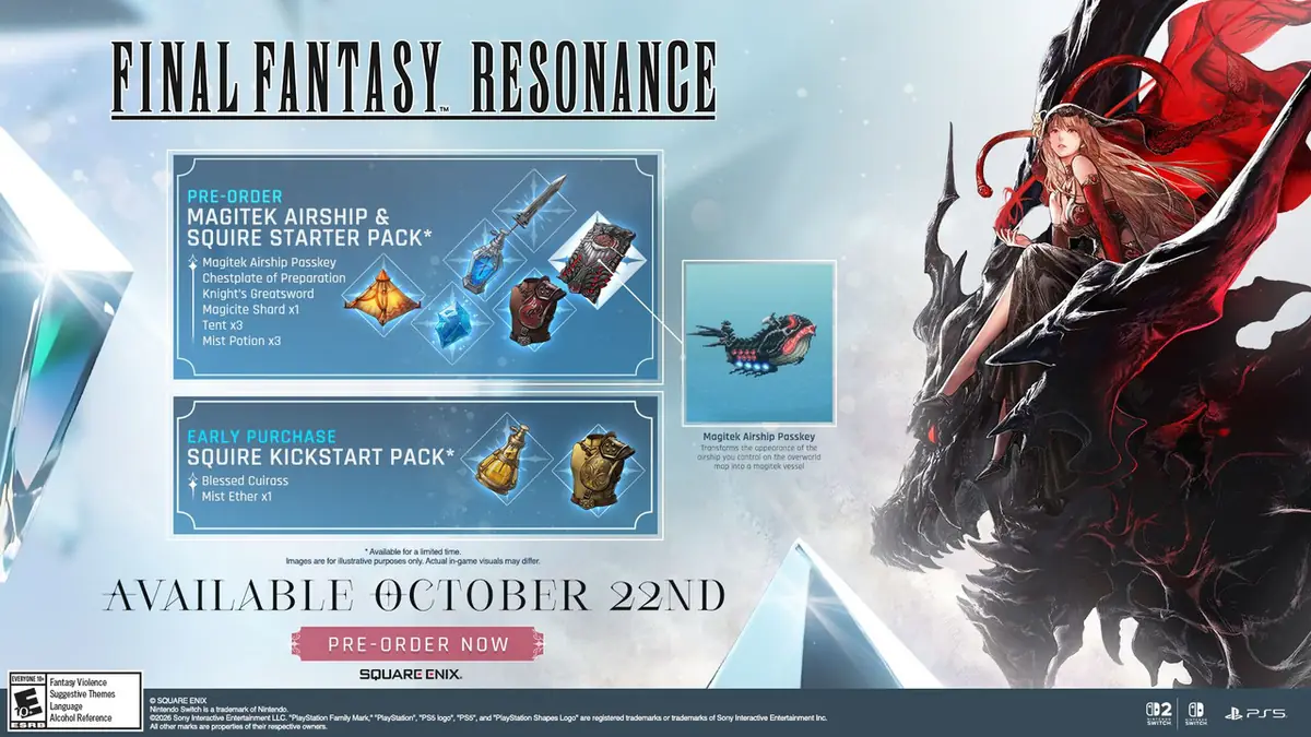 Arte oficial de Final Fantasy Resonance com o logotipo, uma personagem montada em uma criatura e os bônus de pré-venda.
