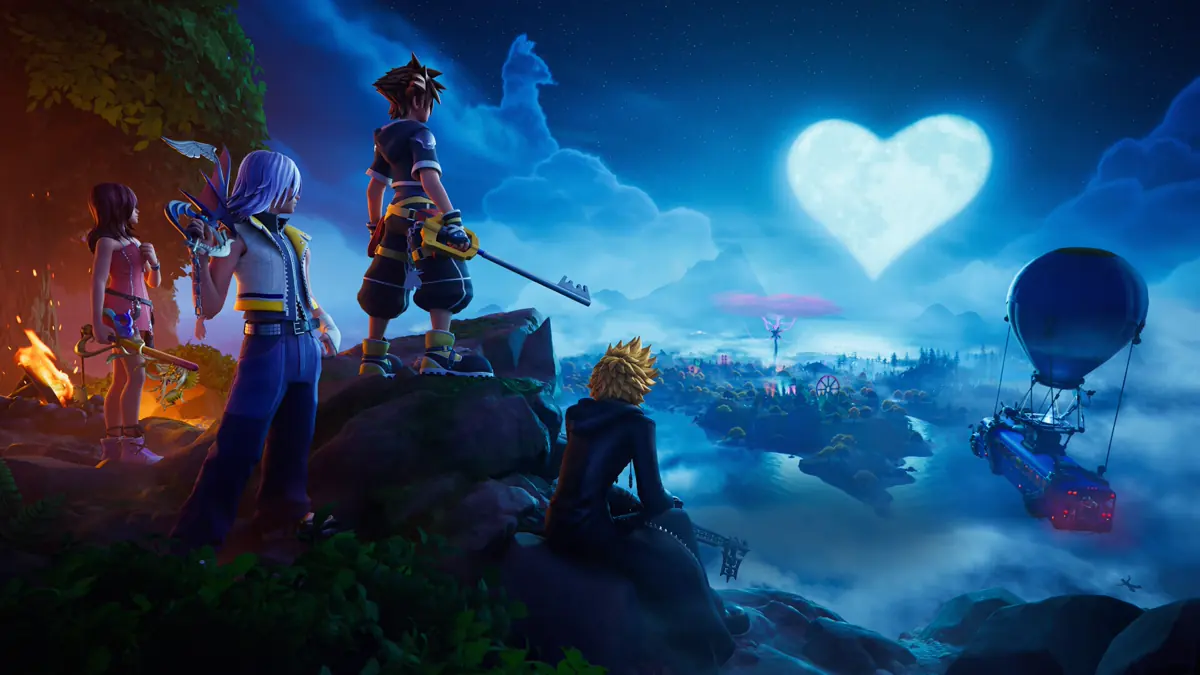 Arte oficial da colaboração de Kingdom Hearts no Fortnite com Sora e a Keyblade.