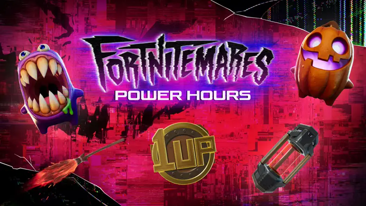 Personagem do Fortnite voando com uma Witch Broom durante o evento Power Hours