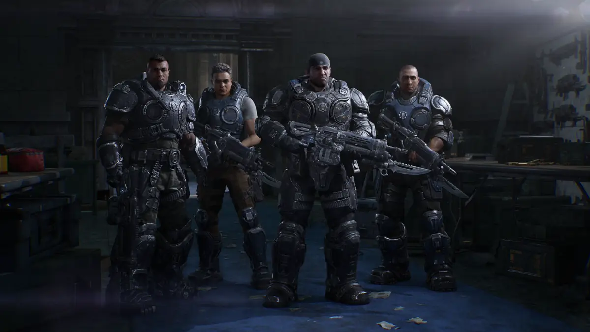 Marcus Fenix e integrantes do esquadrão em imagem oficial de Gears of War E-Day