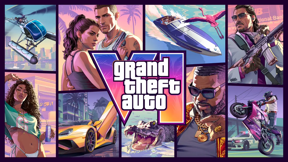 Arte oficial de GTA VI com Lucia, Jason e outros personagens de Leonida.