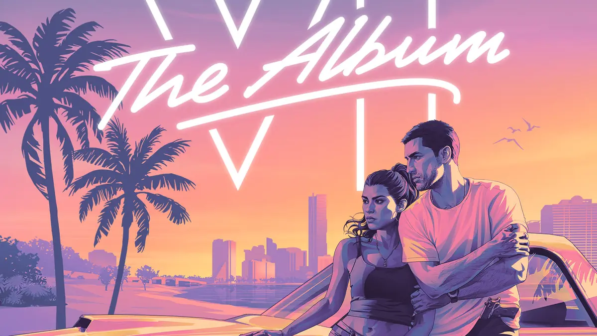 Arte oficial do álbum de GTA VI com Jason e Lucia diante de um pôr do sol em Vice City.