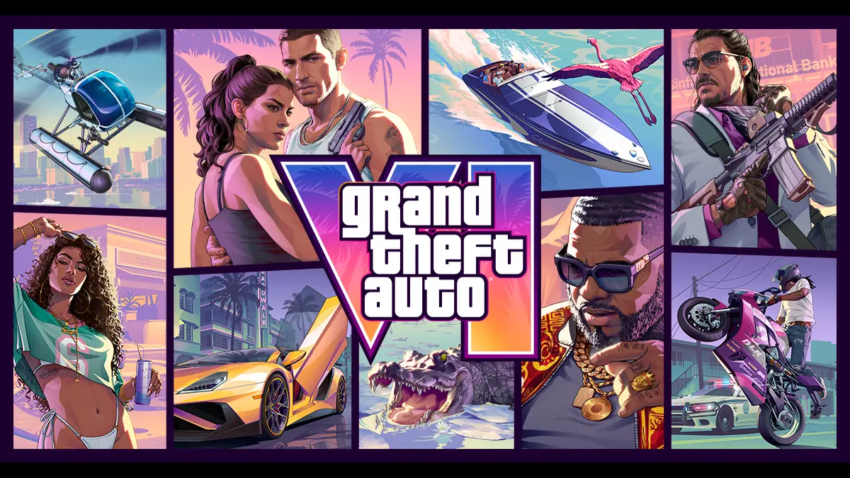 Arte oficial de GTA VI com Lucia, Jason, veículos e personagens de Vice City ao redor do logotipo do jogo.