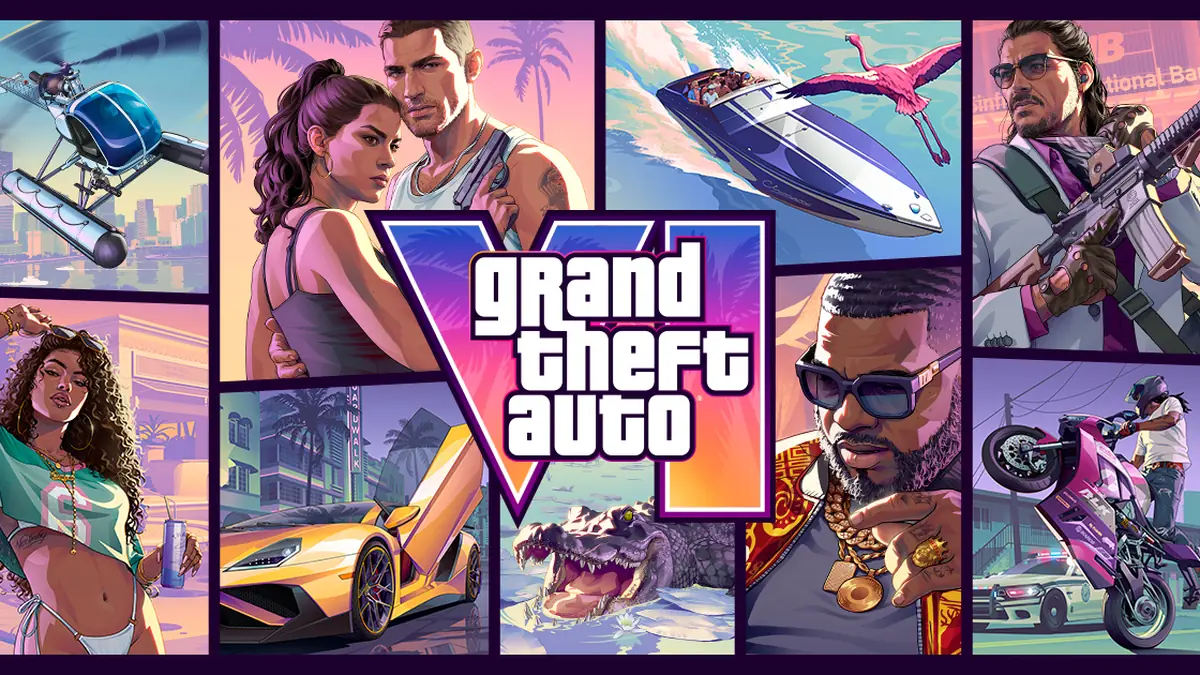 Arte oficial de Grand Theft Auto VI com Lucia e Jason diante de Vice City
