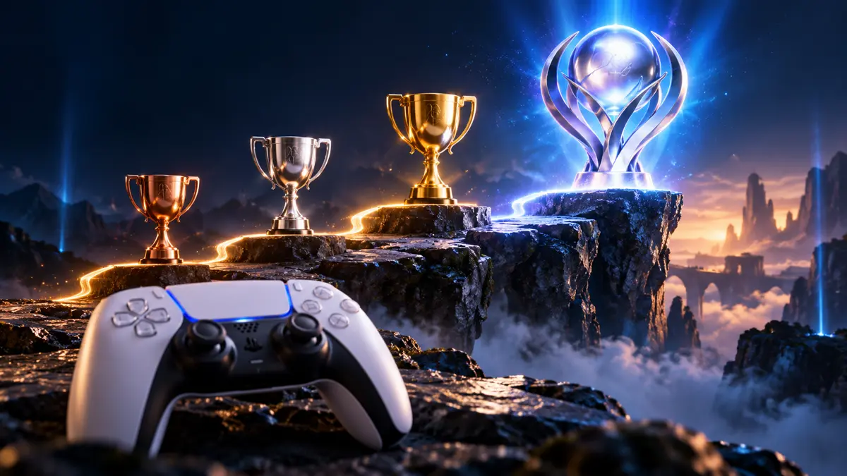 Controle de PS5 diante de uma progressão de troféus até a platina