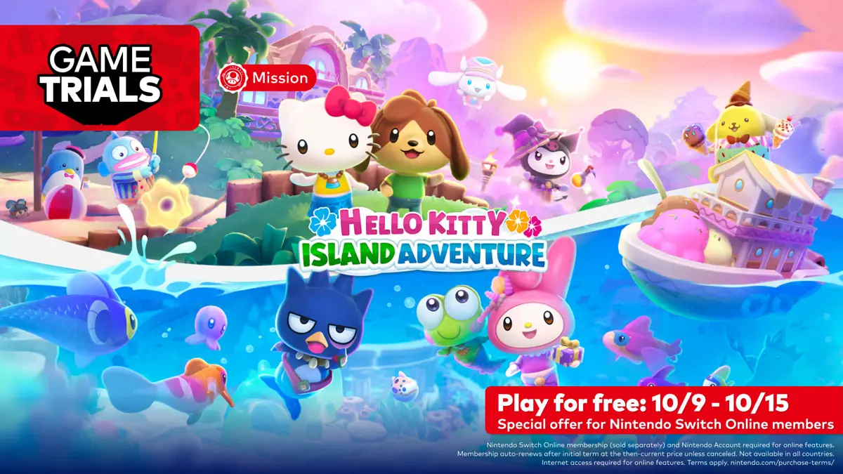 Hello Kitty e amigos em cenário tropical de Hello Kitty Island Adventure
