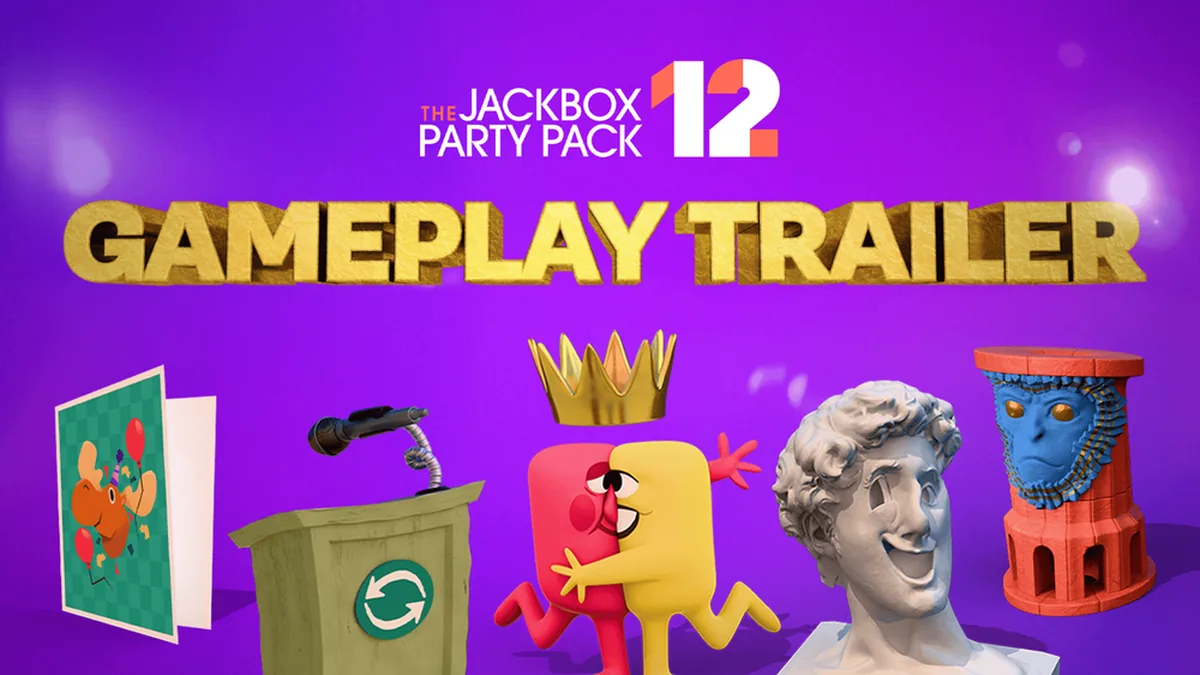 Personagens coloridos dos cinco jogos de The Jackbox Party Pack 12.