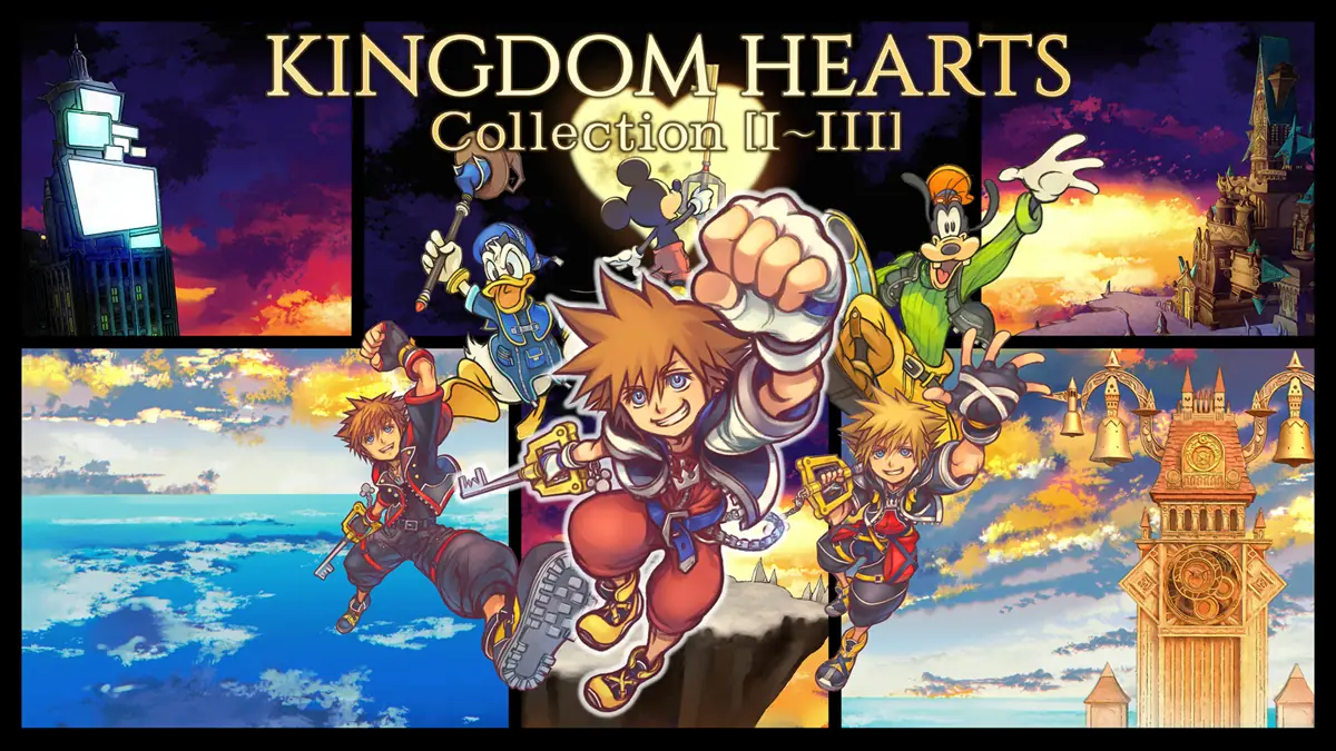 Sora e personagens Disney na arte oficial de Kingdom Hearts Collection I a III para Switch 2