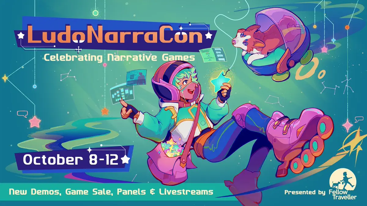 Arte oficial verde e roxa da LudoNarraCon 2026 com personagens de jogos narrativos