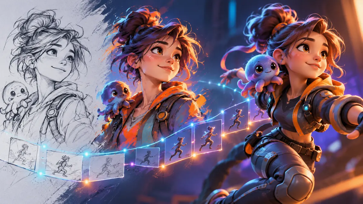 Personagem evoluindo de esboço para pintura e animação 3D com ajuda de IA
