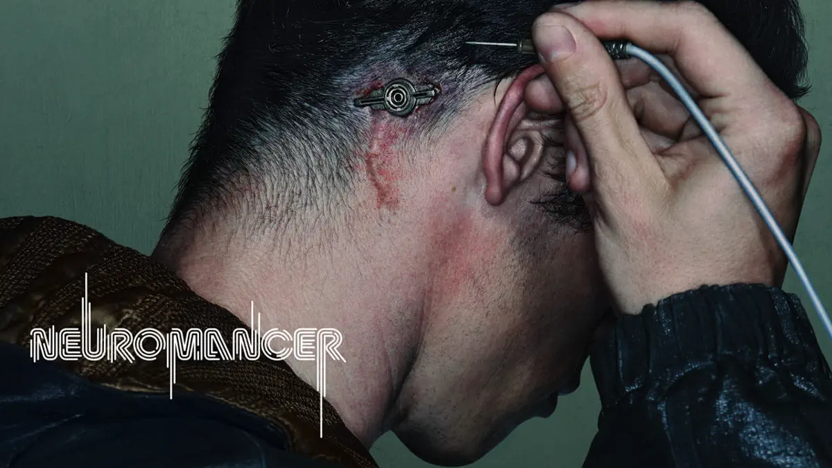 Callum Turner e Briana Middleton na arte oficial da série Neuromancer da Apple TV