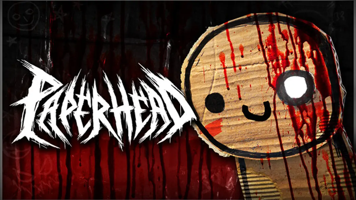 Personagem armado no cenário de papelão do jogo PAPERHEAD