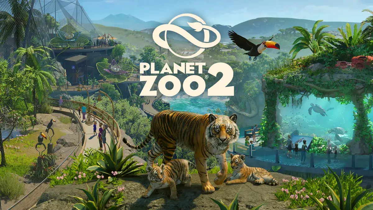 Tigres diante de um zoológico com aquário e aves na arte oficial de Planet Zoo 2