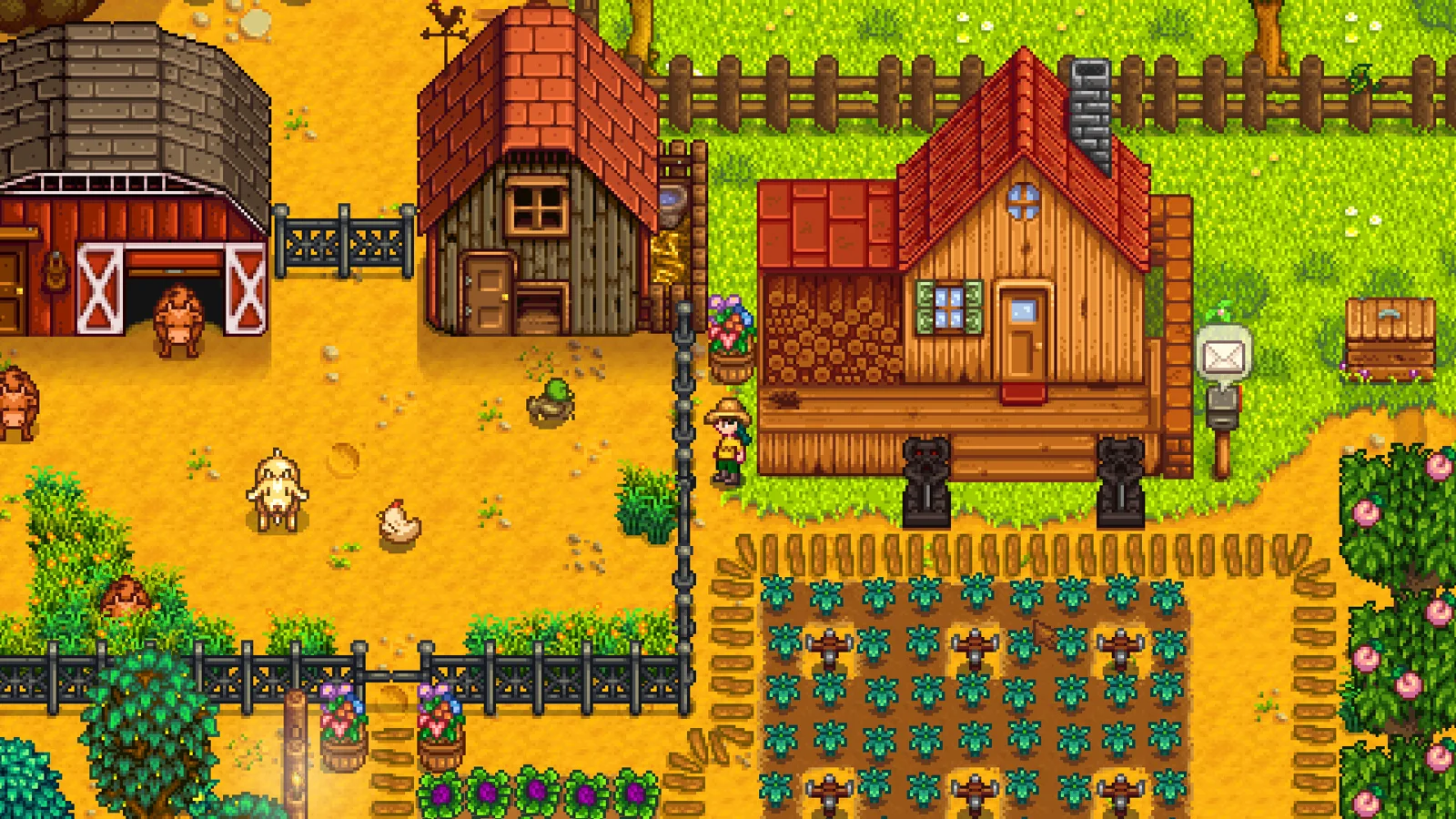 Fazenda com plantações e animais em Stardew Valley