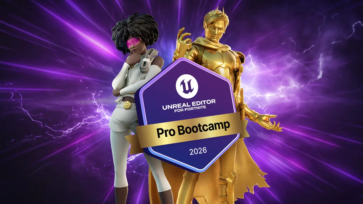Cena oficial do UEFN Professional Bootcamp com personagens em uma ilha do Fortnite.
