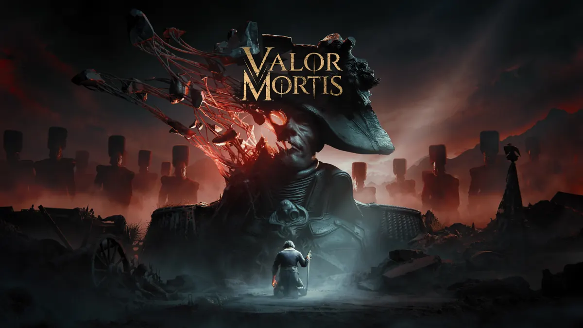 Soldado diante de uma figura colossal e corrompida na arte oficial de Valor Mortis