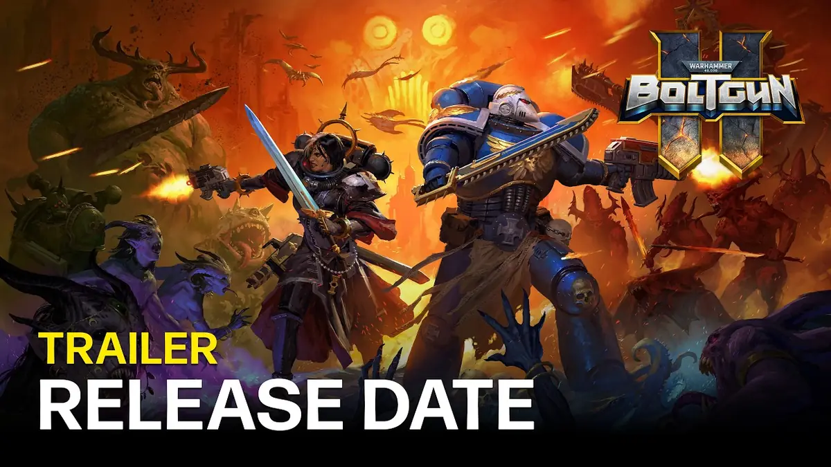 Arte oficial de Warhammer 40,000 Boltgun 2 com um Space Marine e uma Sister of Battle em combate.