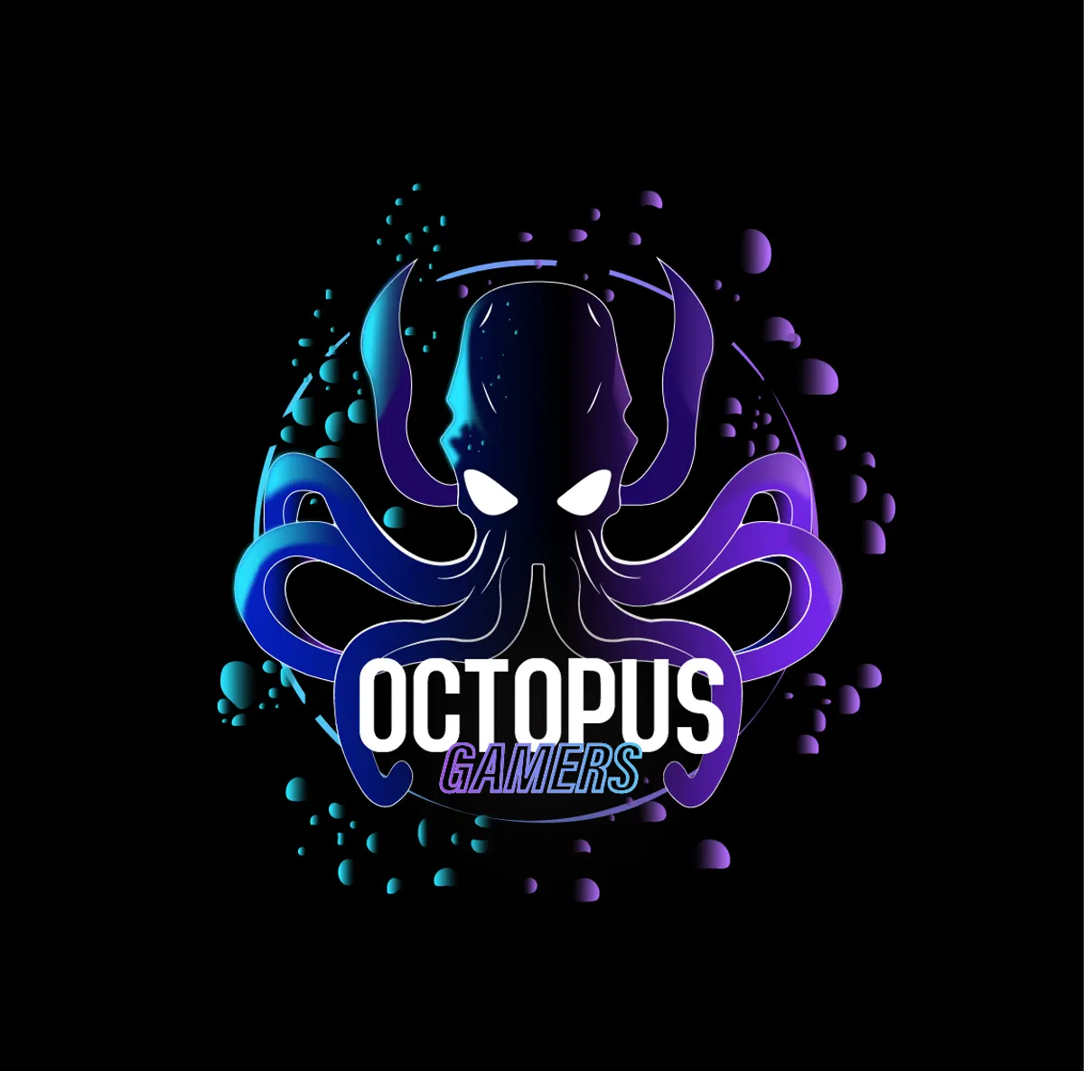 Terceira logo da Octopus Gamers, com polvo tecnológico em azul e roxo sobre fundo preto
