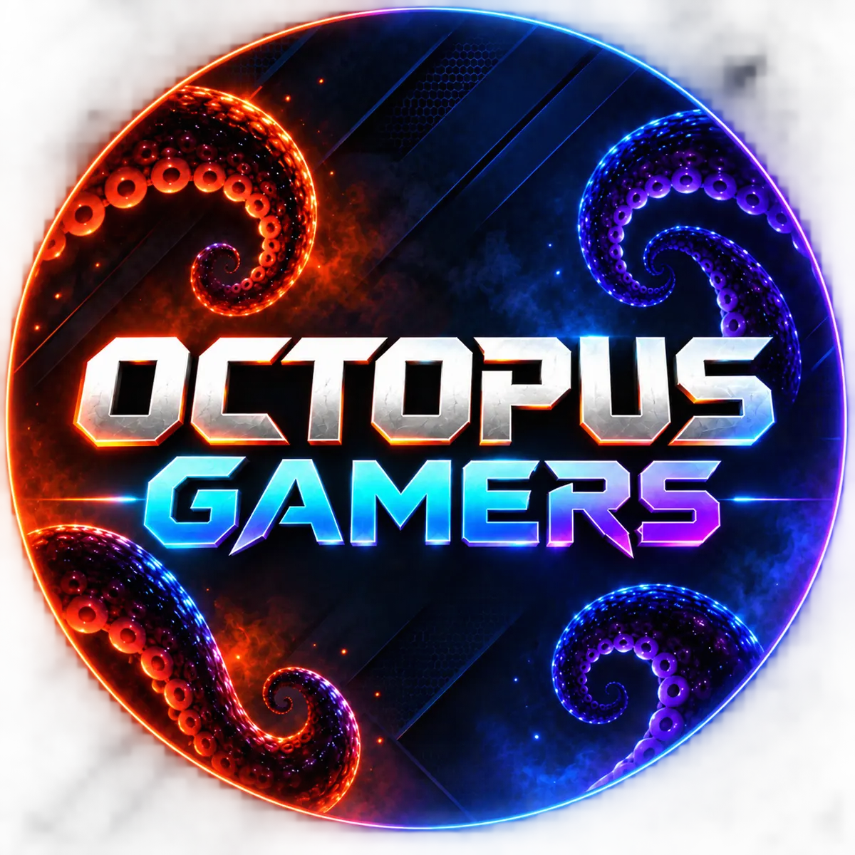 Logo atual da Octopus Gamers, com tentáculos em neon laranja, azul e roxo
